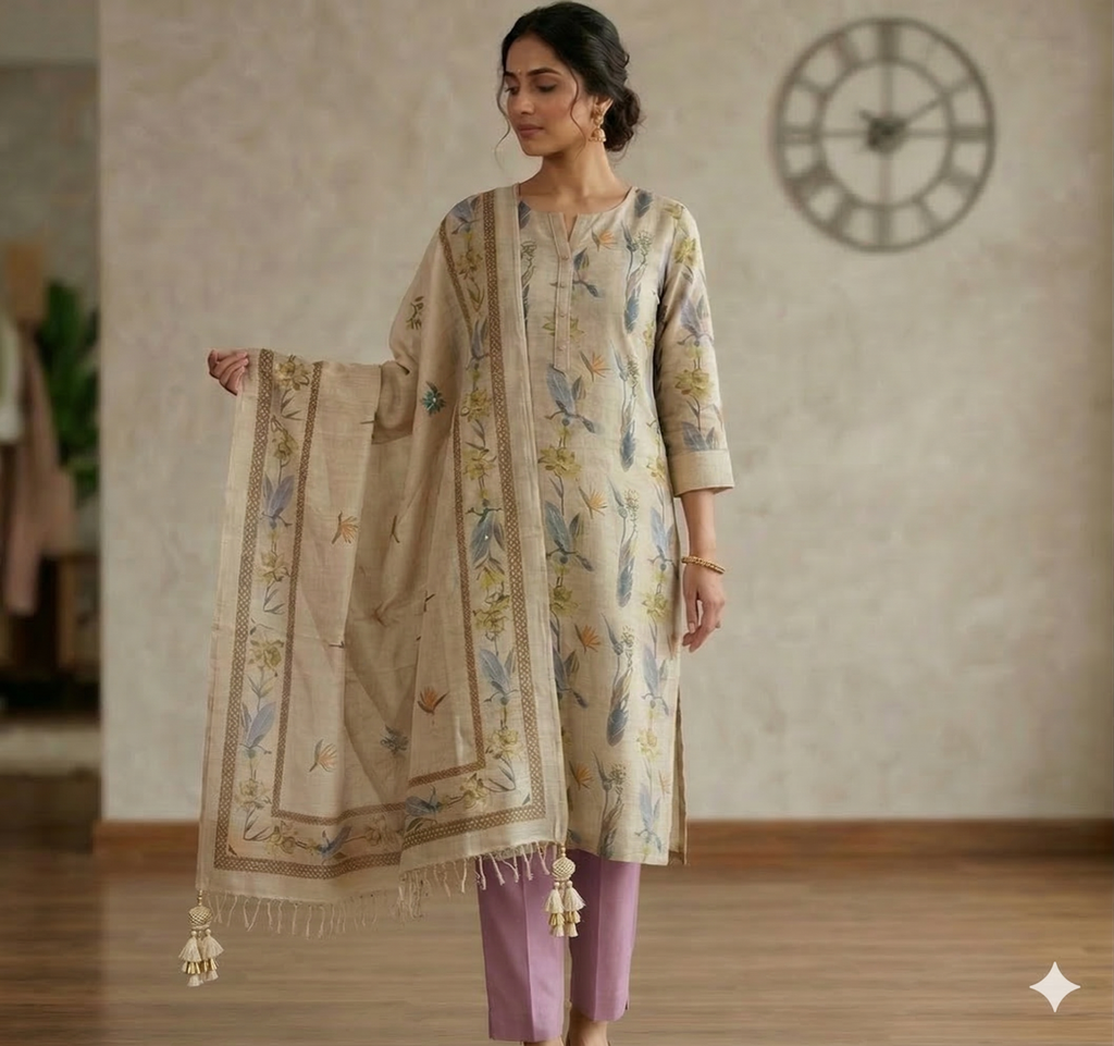 Floral Feather Printed Khadi Cotton Suit Set