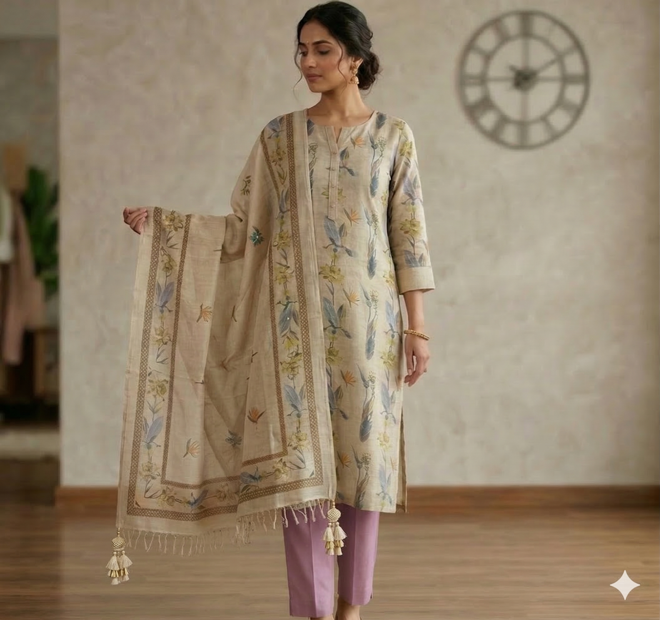 Floral Feather Printed Khadi Cotton Suit Set