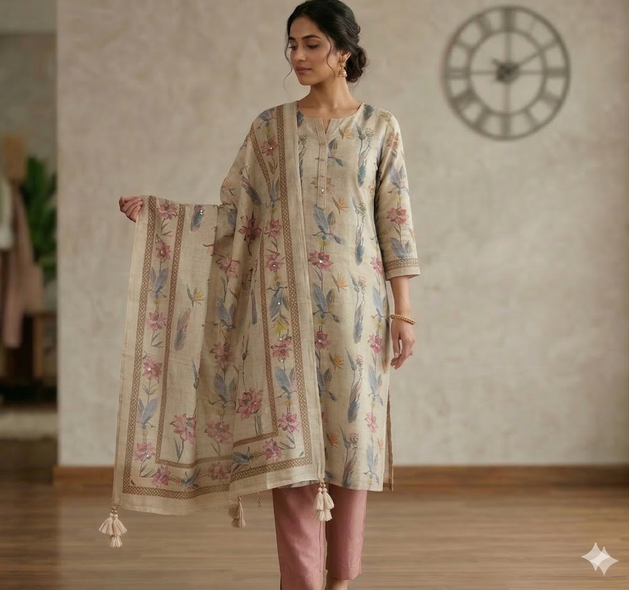 Floral Feather Printed Khadi Cotton Suit Set