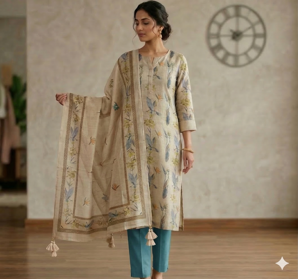 Floral Feather Printed Khadi Cotton Suit Set