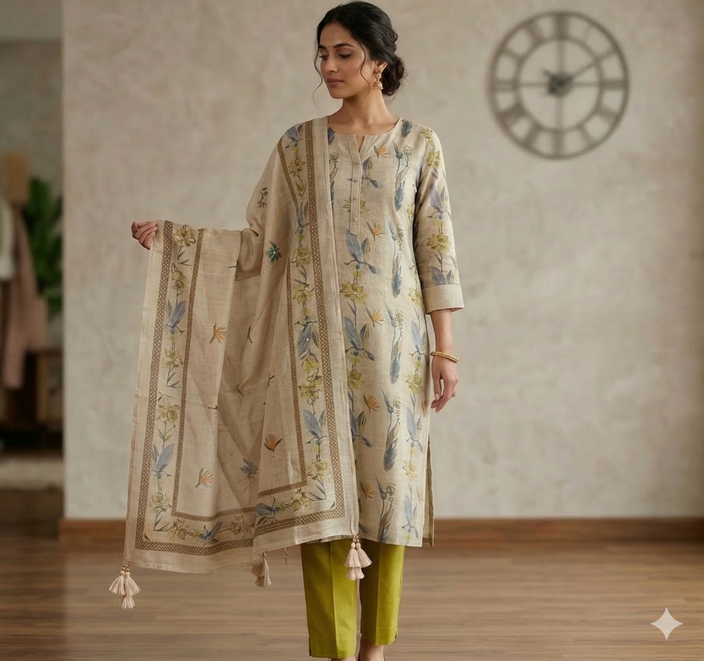 Floral Feather Printed Khadi Cotton Suit Set