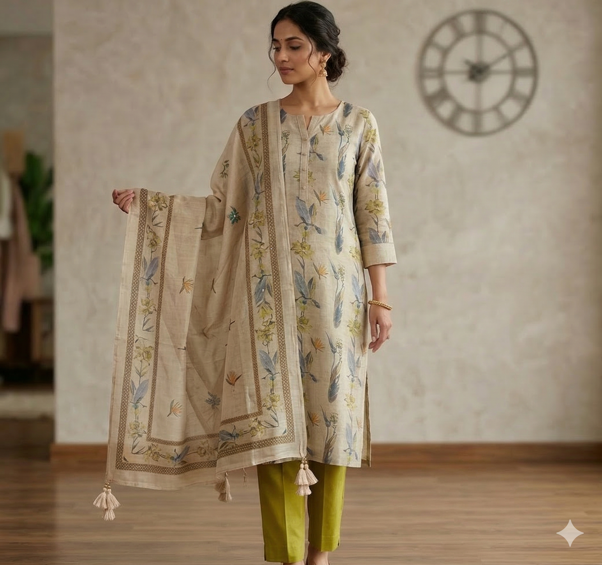 Floral Feather Printed Khadi Cotton Suit Set