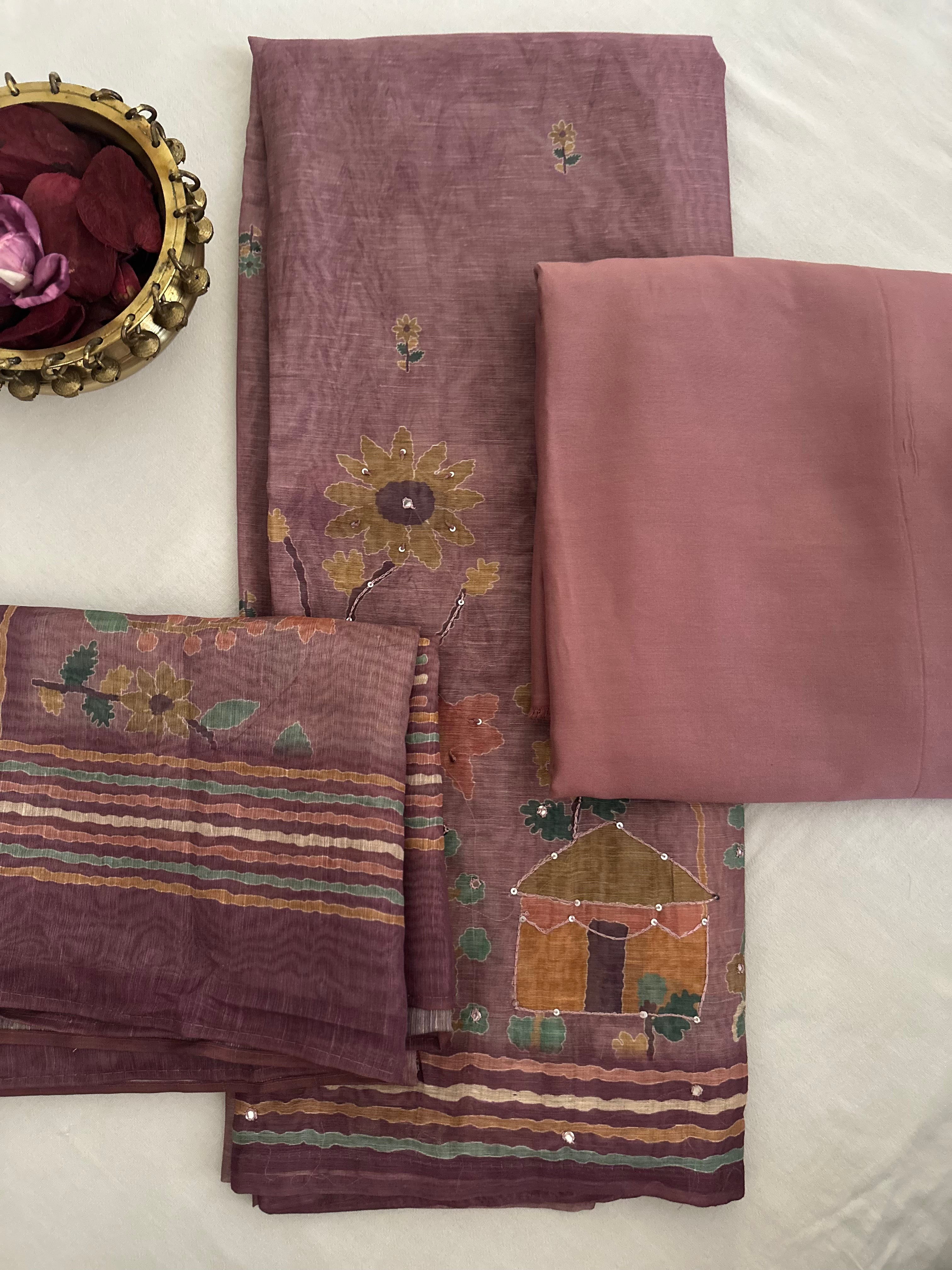 Mauve Floral and Hut Unstitched Suit Set