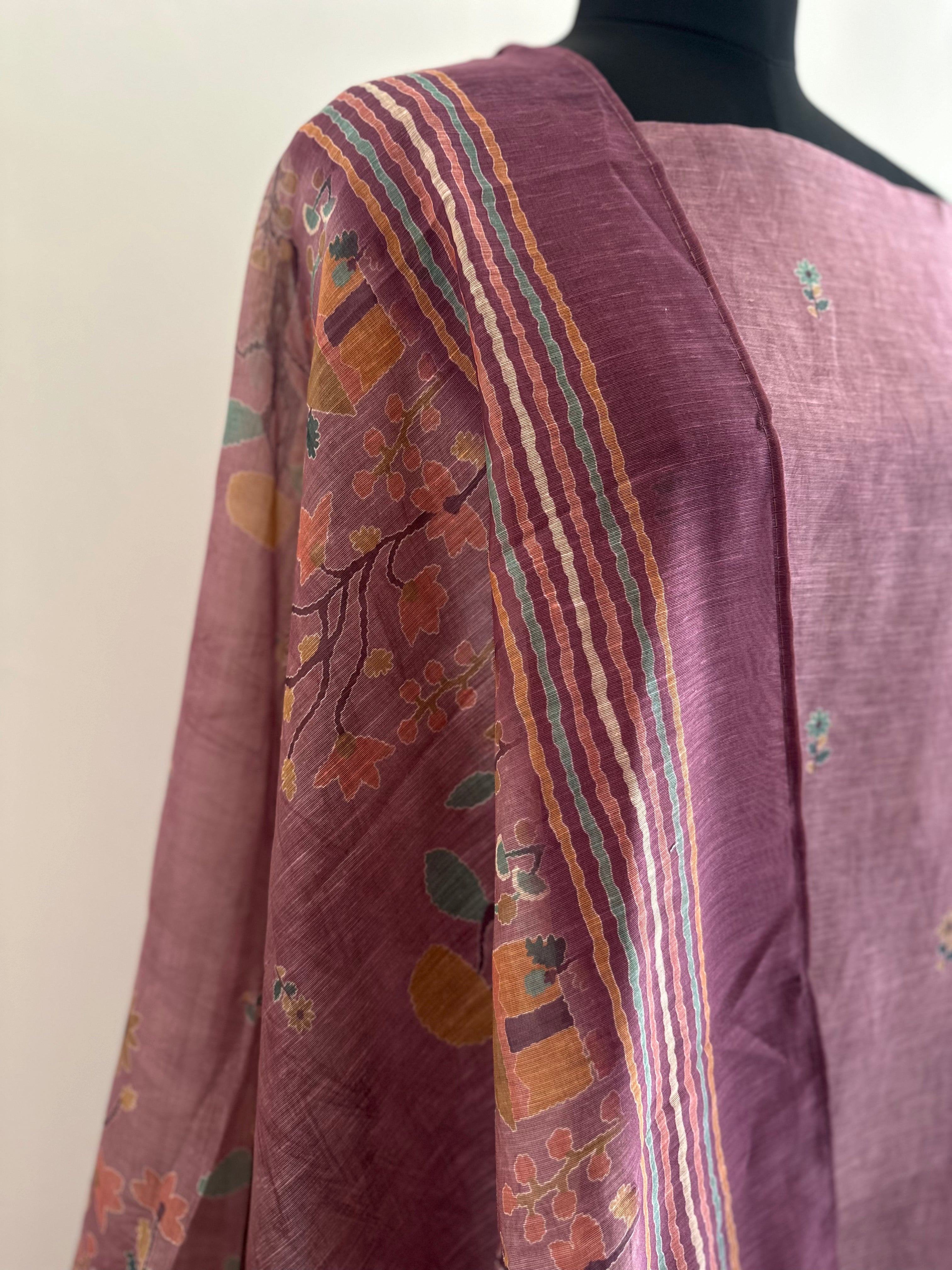 Mauve Floral and Hut Unstitched Suit Set