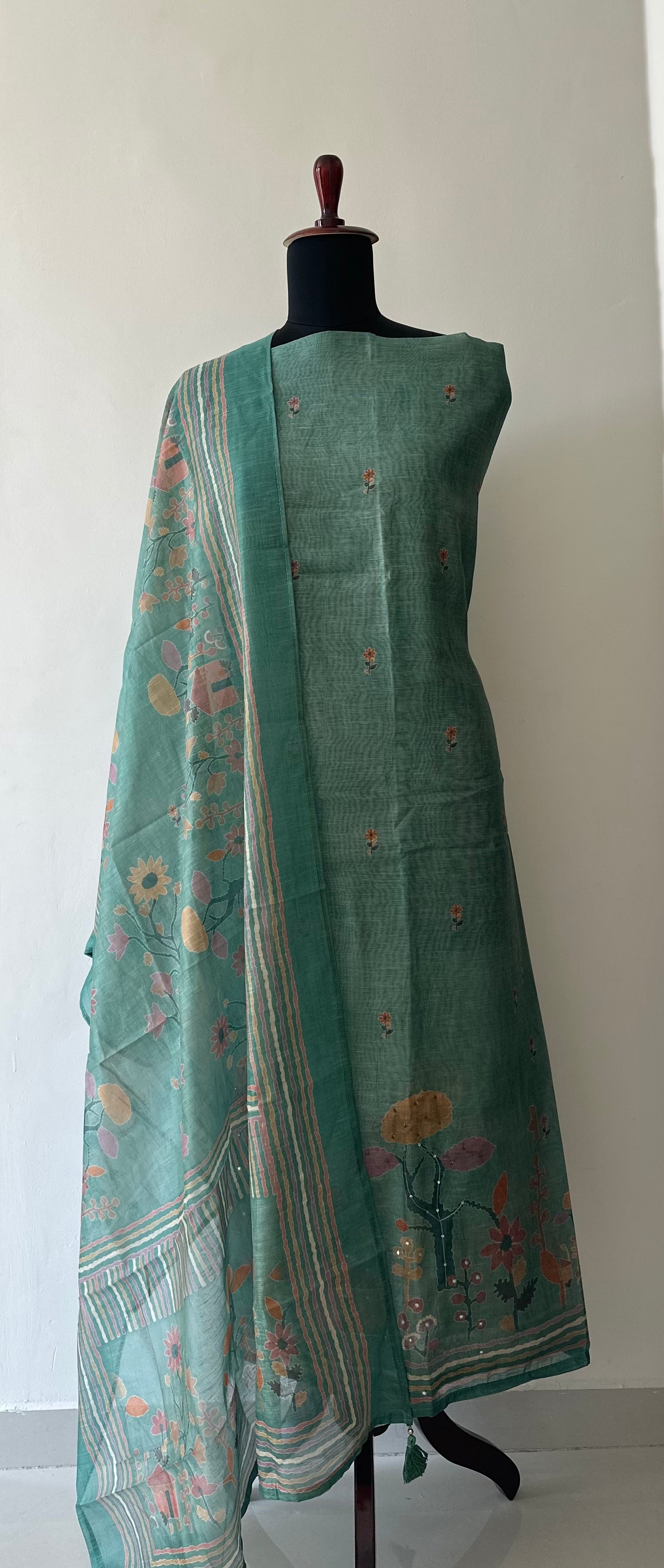 Green Sunflower & Hut Unstitched Suit Set