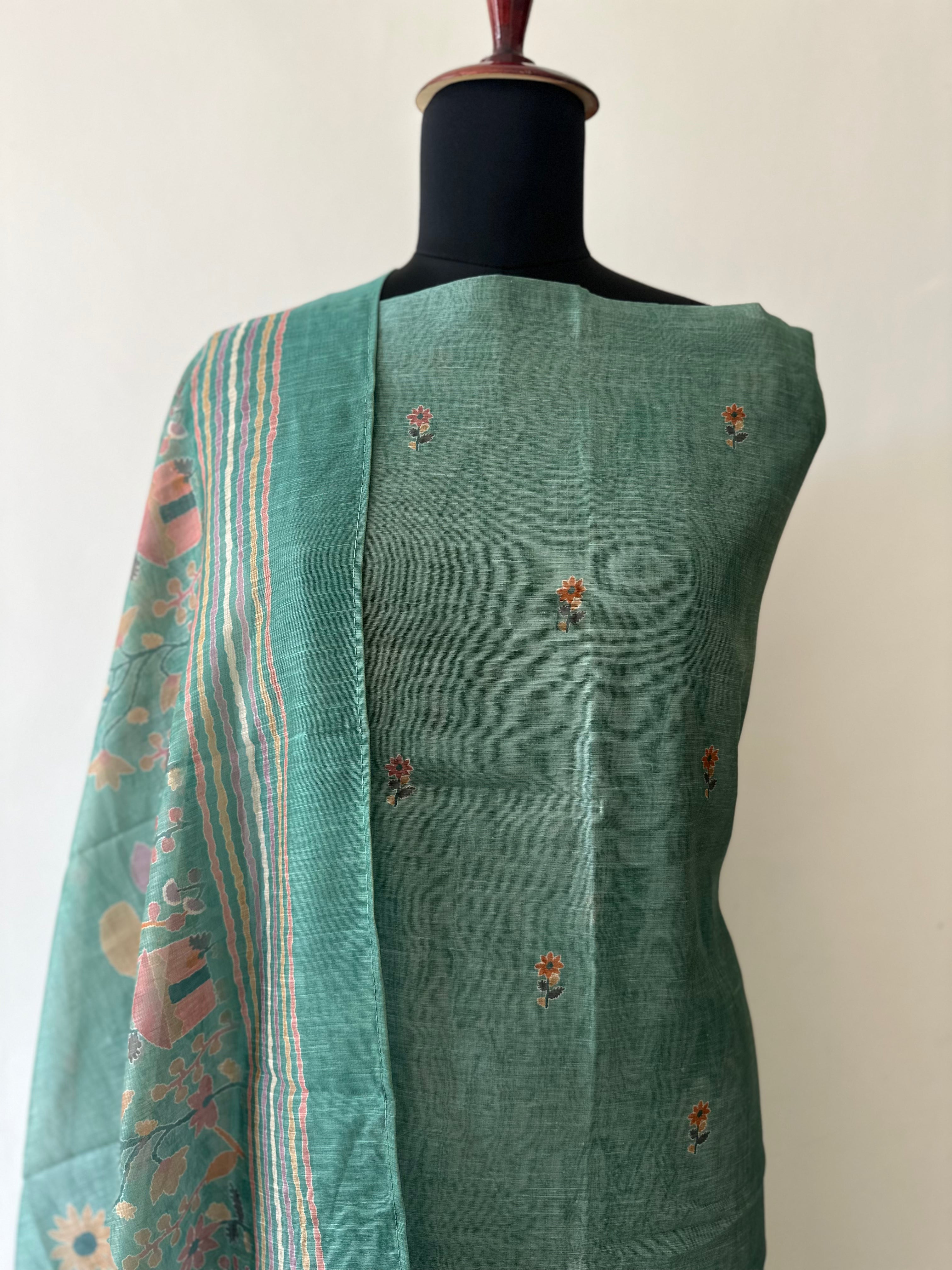 Green Sunflower & Hut Unstitched Suit Set