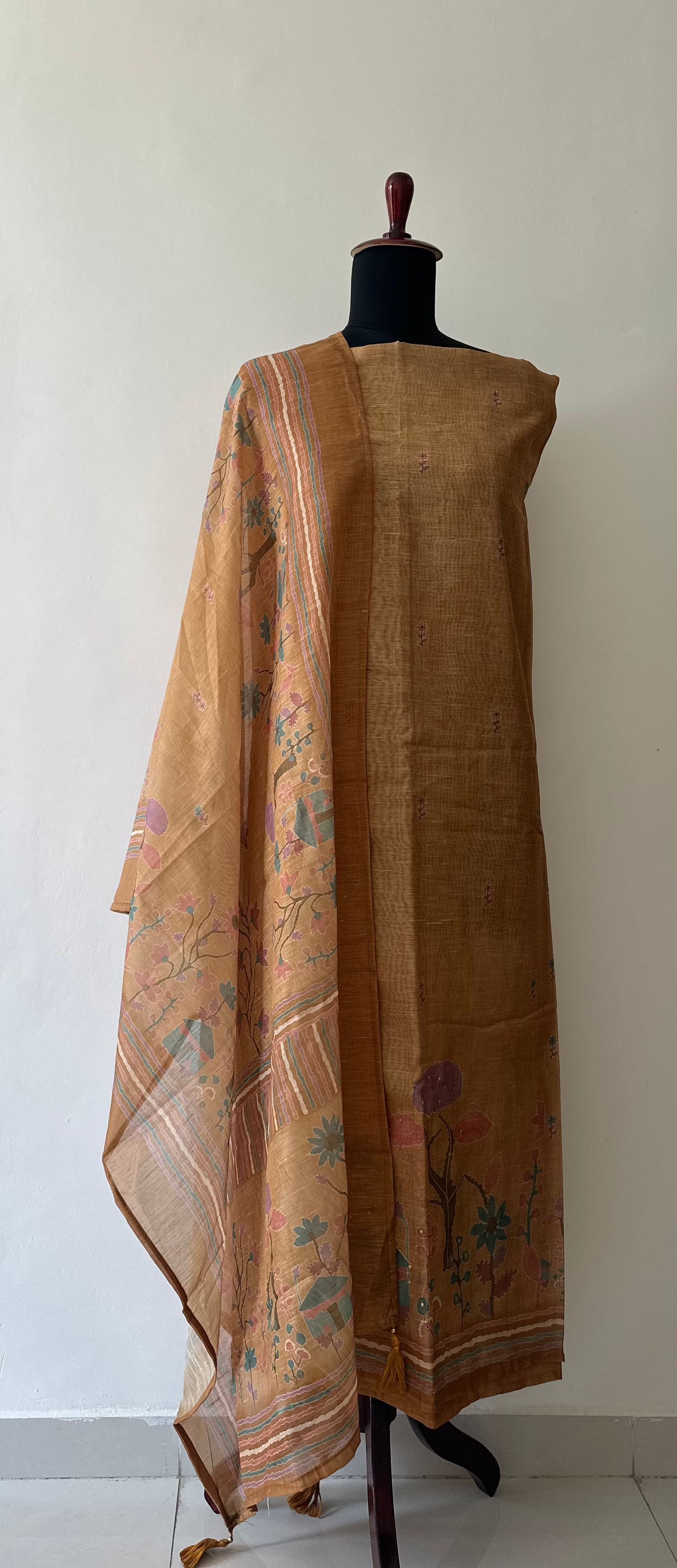 Mustard Floral and Hut Unstitched Suit Set