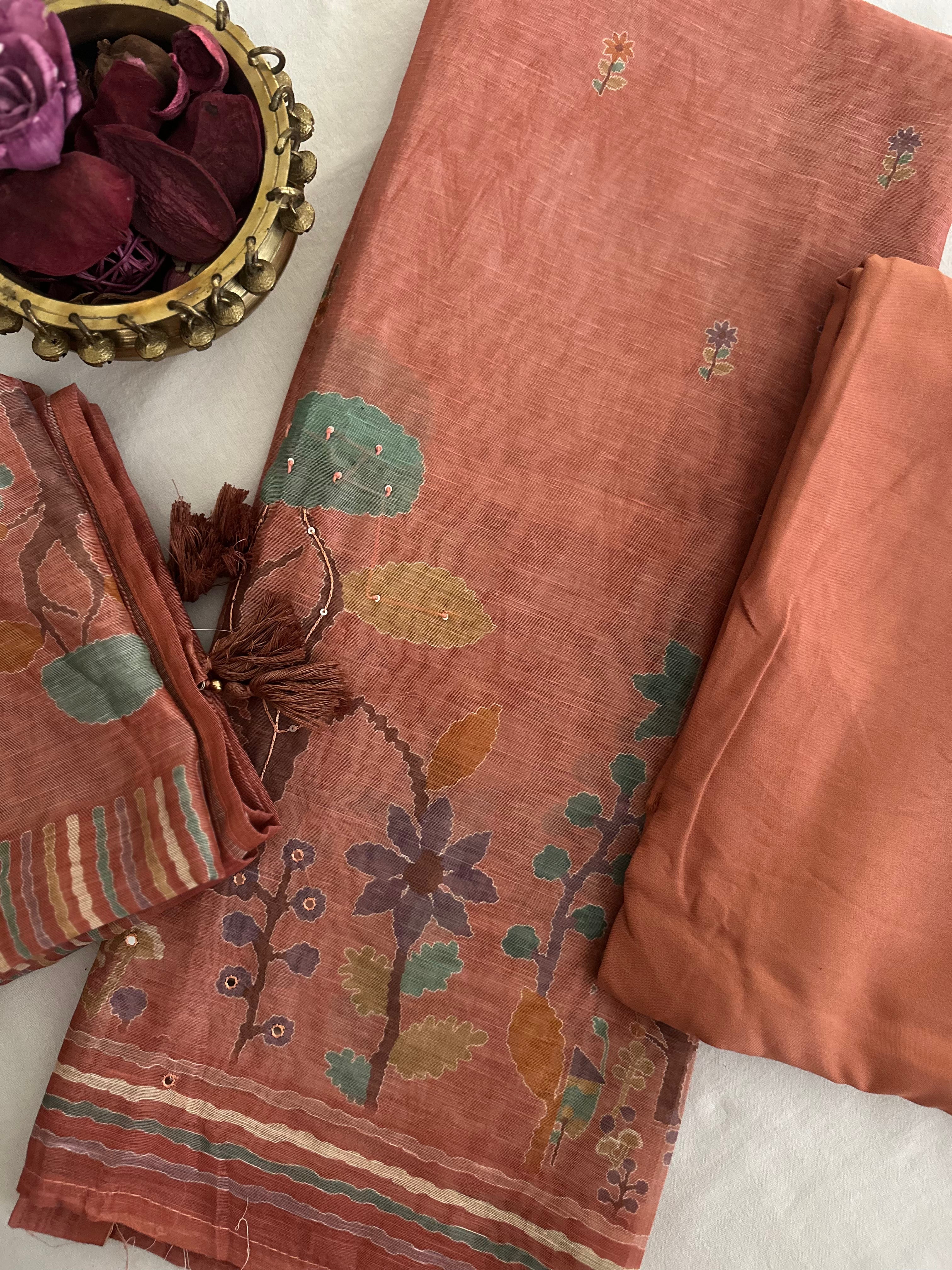 Rust Floral Branch Unstitched Suit Set