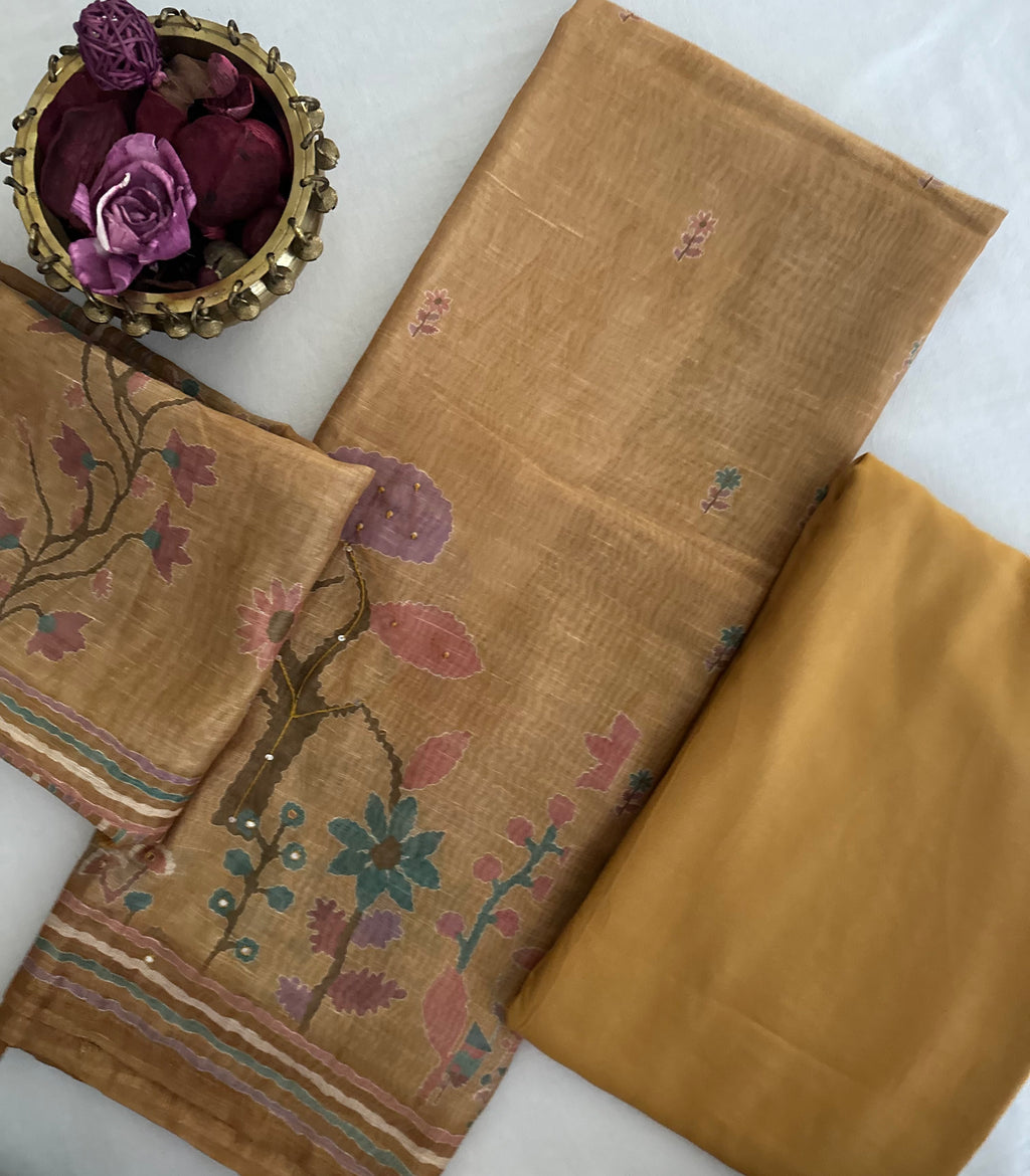 Mustard Floral and Hut Unstitched Suit Set