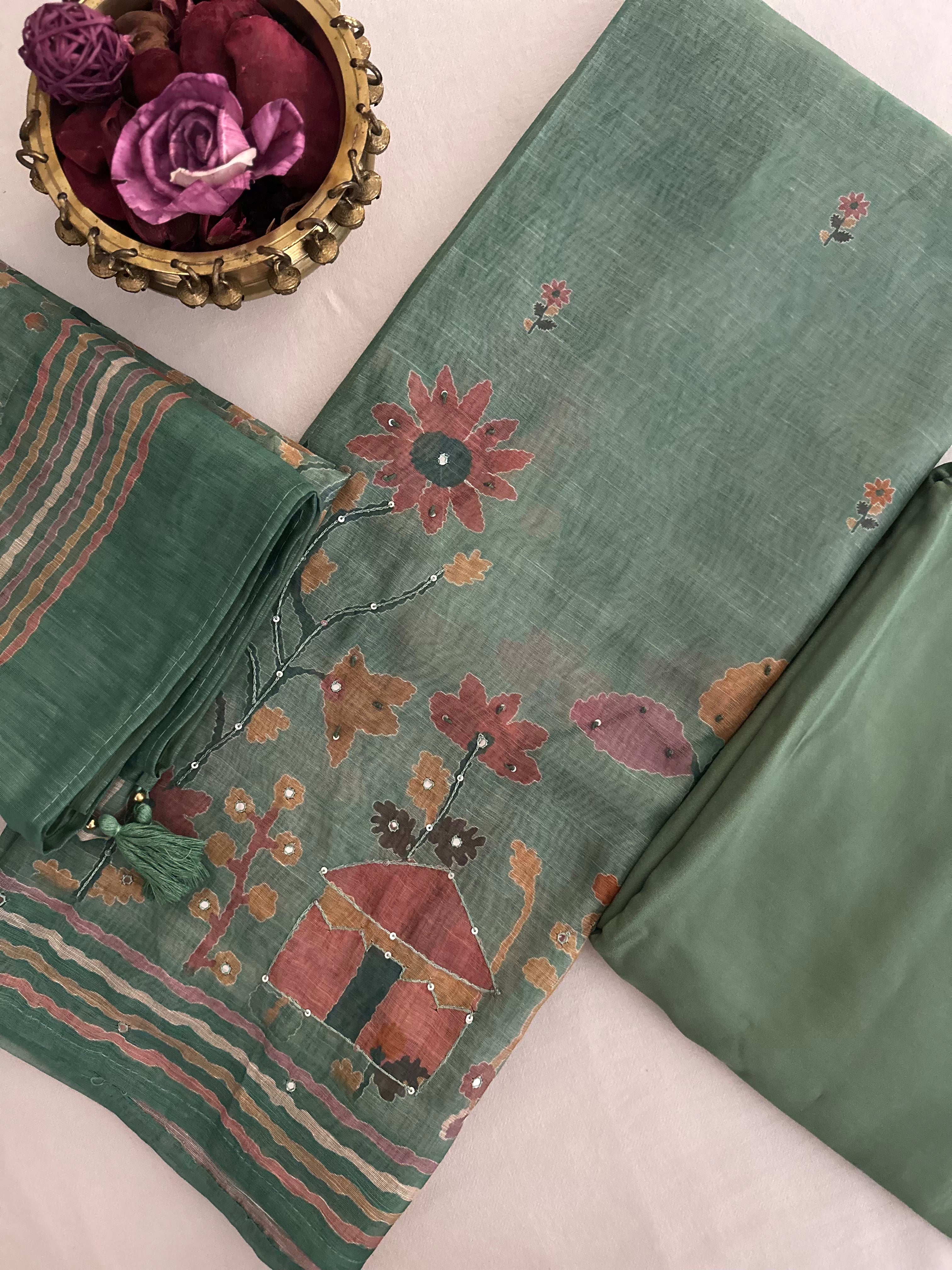 Green Sunflower & Hut Unstitched Suit Set