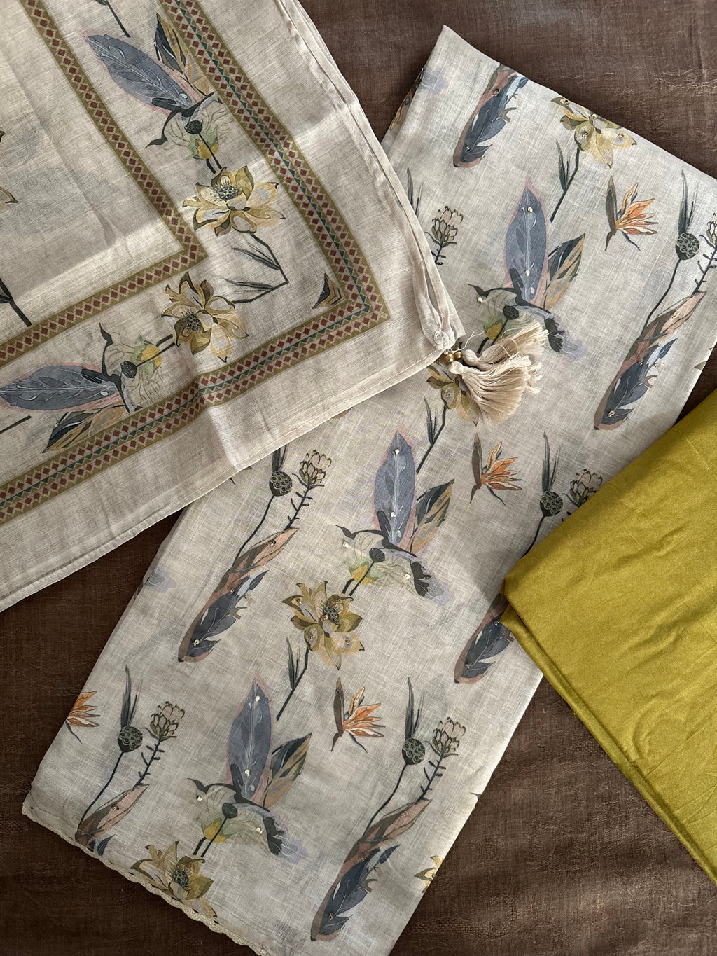 Floral Feather Printed Khadi Cotton Suit Set