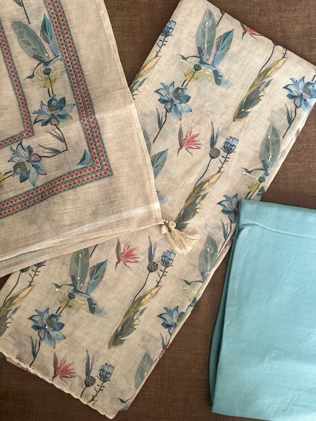 Floral Feather Printed Khadi Cotton Suit Set