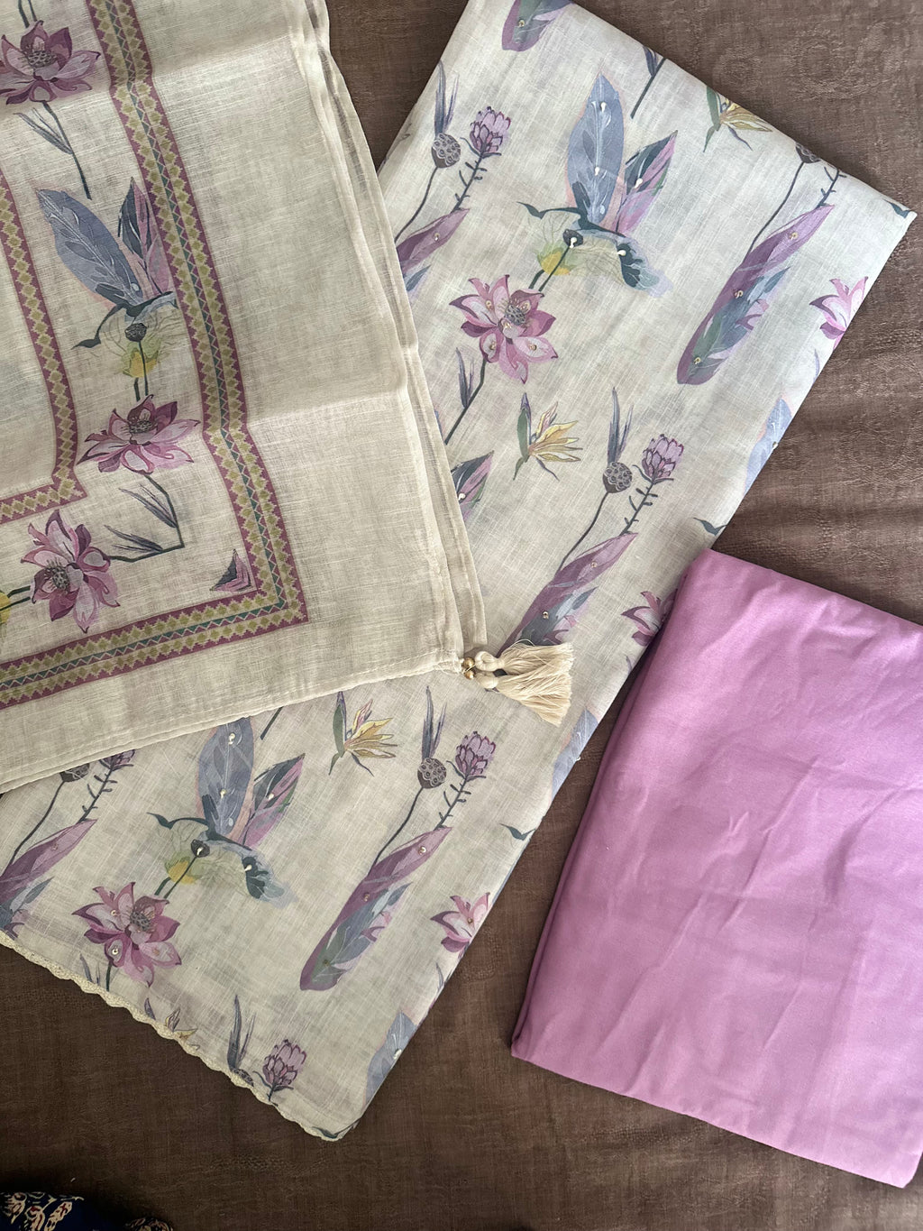 Floral Feather Printed Khadi Cotton Suit Set