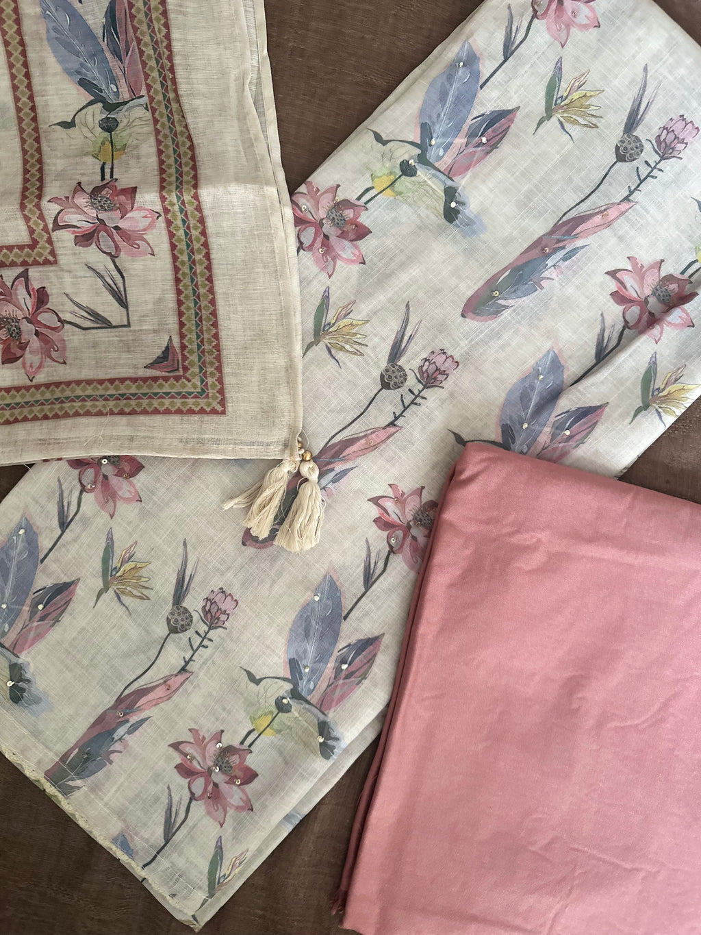 Floral Feather Printed Khadi Cotton Suit Set