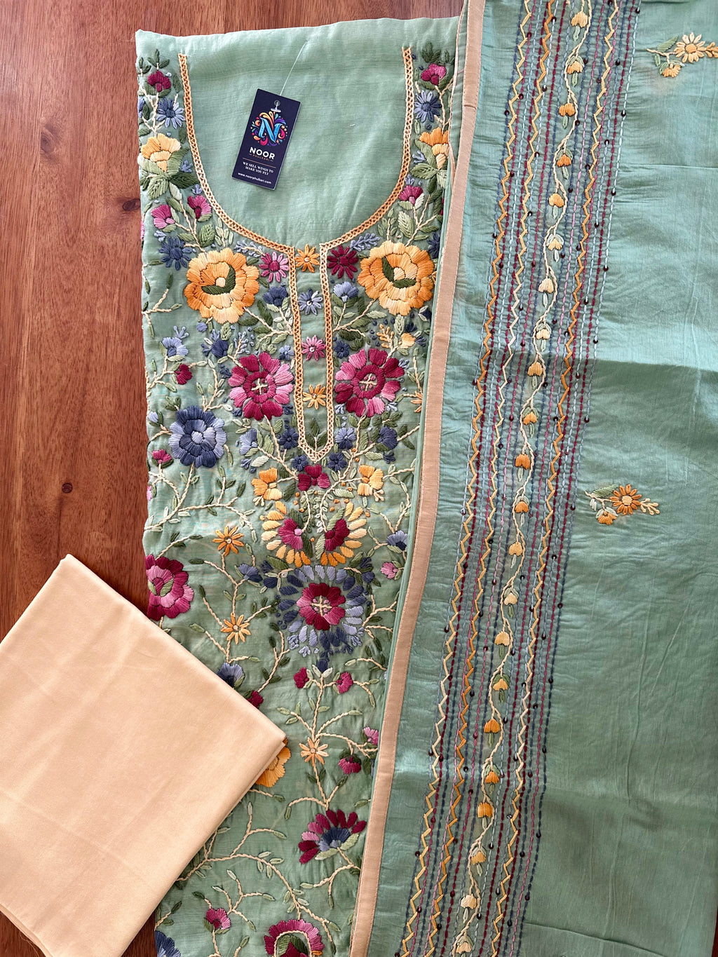 Sage Green with Multicolour Floral Work