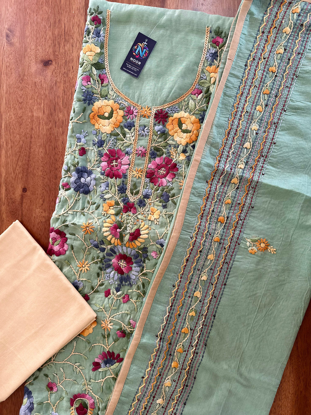 Sage Green with Multicolour Floral Work